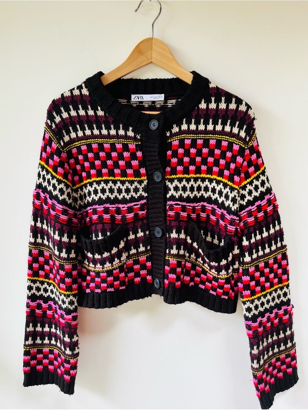 Zara Chunky Cropped Vibrant Multicolored Fair Isle Nordic Knit Cardigan - Small